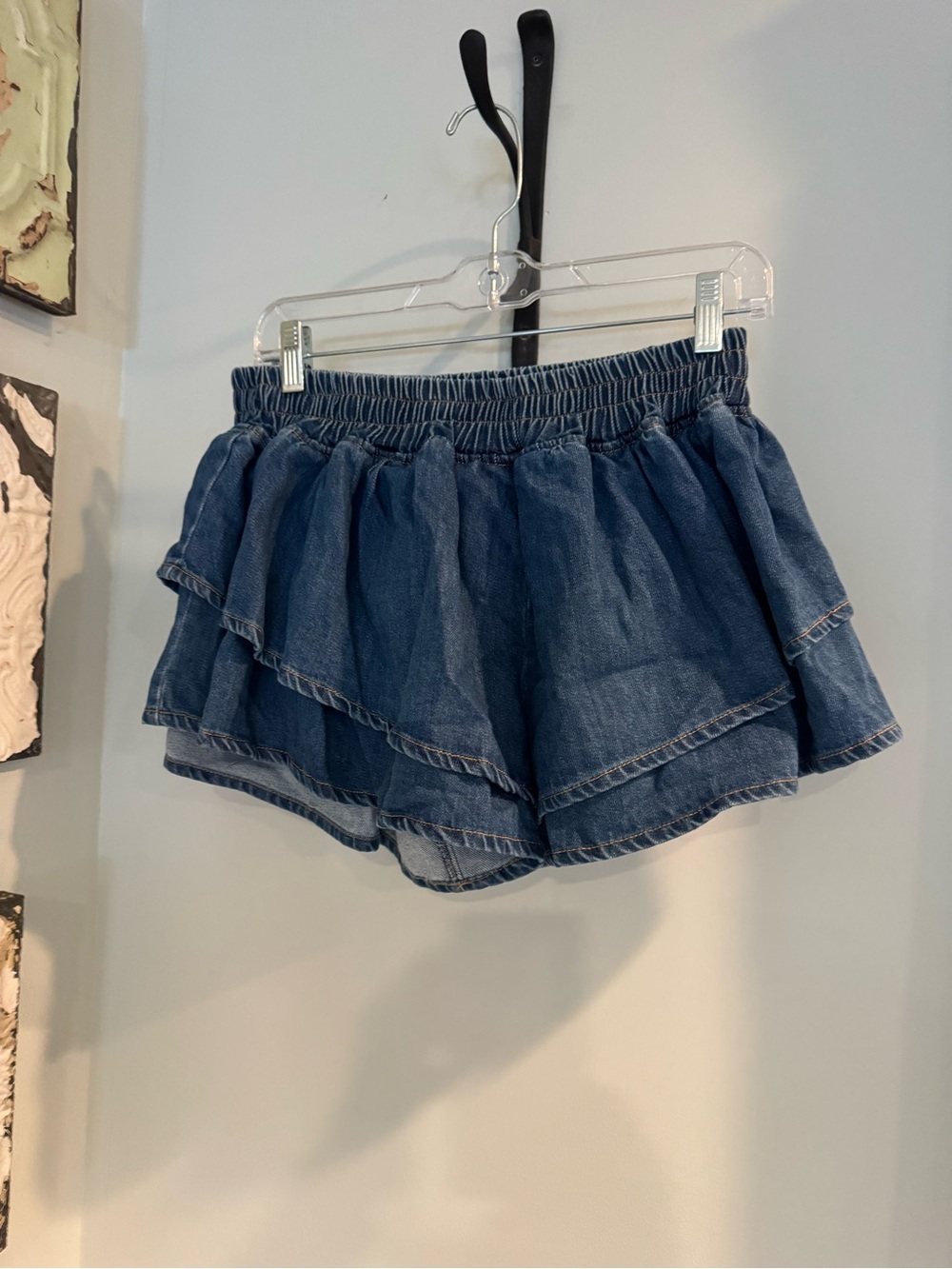 Olivaceous Denim Ruffle Skort in Blue